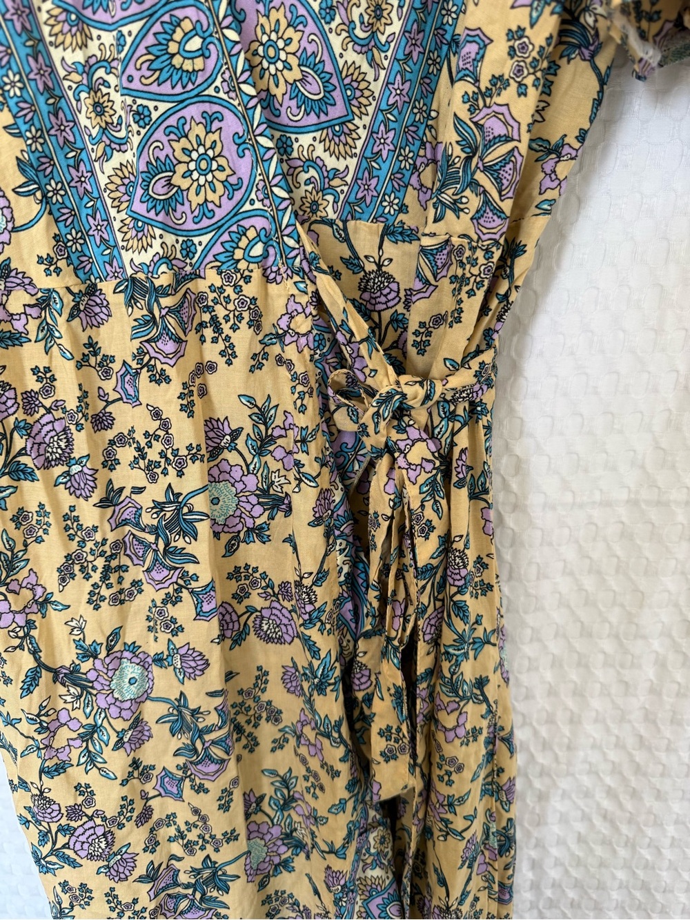 Aura Boho Floral Wrap Midi Dress Yellow Paisley Border Rayon Size L - Picture 4 of 8